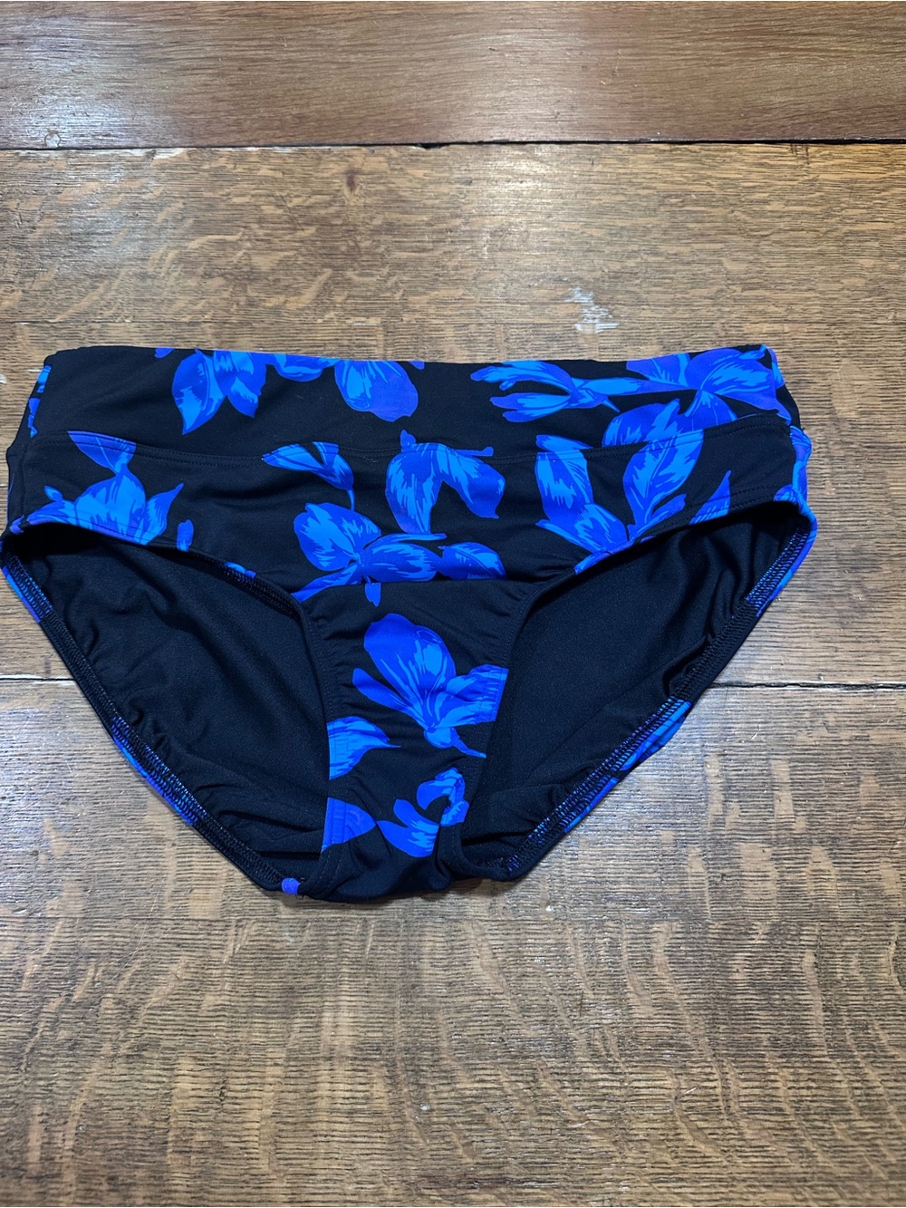 Lands' End Black Bikini Bottom with Bright Blue Floral Print Sz 8